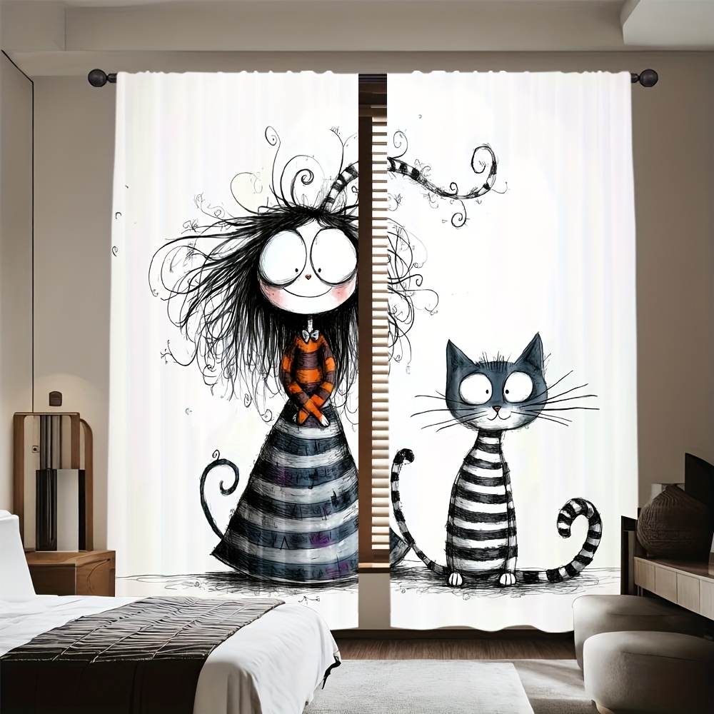 Home Office Tim - 2pcs Gothic Girl and Cat Curtains
